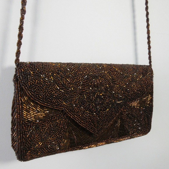Vintage Brown Beaded Evening Bag Purse Shoulder Bag Party Cocktail Clutch 328 - Picture 3 of 14